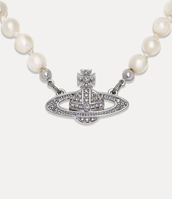 Vivienne Westwood Man. Mini Bas Relief Pearl Necklace in platinum cream pearl crystal